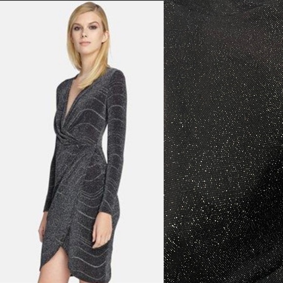CATHERINE MALANDRINO DISCO DIAMOND 70S STYLE LONG SLEEVE FAUX WRAP STRETCH DRESS - Picture 1 of 13